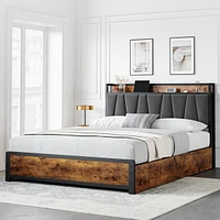 gaomon Queen Size Bed Frame with Upholstered Storage Charging Headboard, Heavy Duty Metal Platform Bed Frame with 4 Storage Drawers, Noise Free