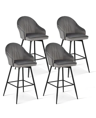 Gymax Set of 4 Velvet Bar Stools Swivel Pub Height Dining Chairs w/ Metal Legs Gray