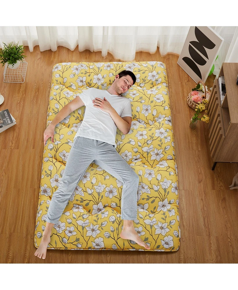 gaomon Japanese Floor Mattress, Twin Size Futon Mattress, Thick Tatami Roll-Up Mattress for Camping & Guest Room, Yellow Flower Design