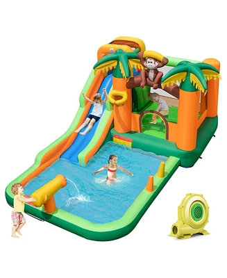 Gouun Monkey-Themed Inflatable Water Slide with Jumping Area and Pool with 680W Blower