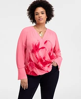 INC Plus Placed-Print Surplice-Neck Blouse, Exclusively at Macy's