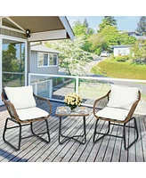 Gouun 3 Pieces Patio Rattan Bistro Set Cushioned Chair Glass Table Deck