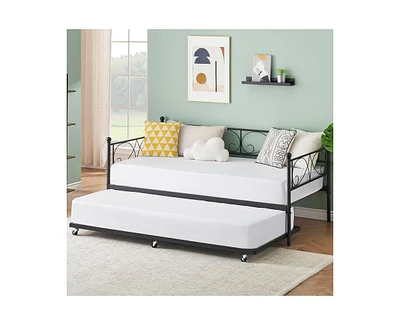 gaomon Twin Daybed with Trundle, Modern Metal Daybed with Classic Headboard, Steel Slat Support Sofa Bed for Bedroom, Living Room