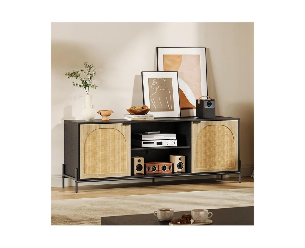 gaomon Tv Stand for 75 inch Tv, Entertainment Center with Storage, 65 Inch Tv Console Table with Metal Legs, Rattan Media Console Cabinet with 2 Doors