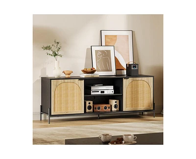 gaomon Tv Stand for 75 inch Tv, Entertainment Center with Storage, 65 Inch Tv Console Table with Metal Legs, Rattan Media Console Cabinet with 2 Doors