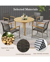 Gymax Outdoor Rattan Chair Set of 4 Patio Pe Wicker Dining Chairs w/ Acacia Wood Armrests Balcony Poolside