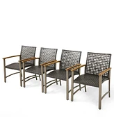 Gymax Outdoor Rattan Chair Set of 4 Patio Pe Wicker Dining Chairs w/ Acacia Wood Armrests Balcony Poolside