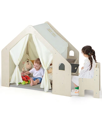 Gymax 6-in-1 Kids Playhouse Wooden Indoor Play Tent w/ Blackboard Desk Table Chair