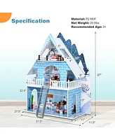 Gymax Wooden Dollhouse 3-Story Pretend Playset W/ Furniture & Doll Gift for Age 3+ Year