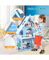 Gymax Wooden Dollhouse 3-Story Pretend Playset W/ Furniture & Doll Gift for Age 3+ Year