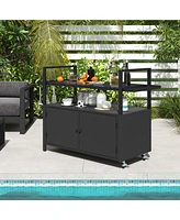 Gouun Outdoor Bar Cart Rolling Wicker Buffet Serving Cart with Tempered Glass Top Storage Cabinet and 8 Hooks