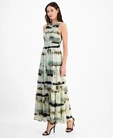 Anne Klein Women's Printed Smocked-Bodice Tiered Maxi Dress