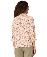 Democracy Petite Printed Crochet-Trim Cotton Button-Front Shirt