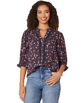 Democracy Petite Printed Crochet-Trim Cotton Button-Front Shirt