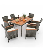 Gouun 7 Pieces Patio Acacia Wood Cushioned Pe Rattan Wicker Dining Set