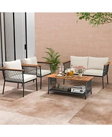 Gouun 4 Piece Patio Rattan Furniture Set with 2-Tier Table