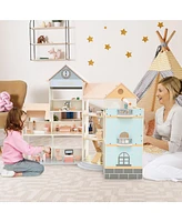 Gymax Wooden Corner Dollhouse Playset w/ 41 Pieces of Furniture and Accessories