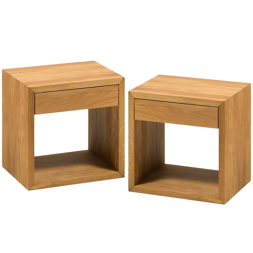 Woodek Solid Oak Wooden Floating Nightstand With A Drawer And A Shelf - Set Of 2