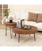 Gouun Set of 2 Solid Wood Ring Pattern Farmhouse Round Tables