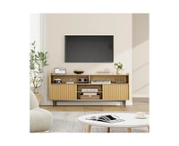 gaomon Fluted Tv Stand for 70 Inch, Boho Entertainment Center with Storage and Sliding Doors, Wooden Tv Cabinet with Adjustable Shelves