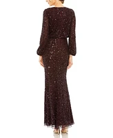 Mac Duggal Women's High Neck Long Sleeve Beaded Blouson Gown