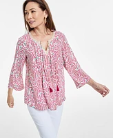 Jm Collection Women's Printed Split-Neck 3/4-Sleeve Top, Exclusively at Macy's