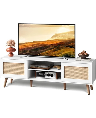 Wlive Rattern Tv Stand for 65 Inch Tv Mid Century Modern Entainment Center with Rattern Doors Boho Tv Console with Storage Shelf and 2 Cabinets for Be
