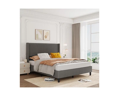 gaomon Full Size Bed Frame, Upholstered Platform Corduroy Bed Frame with Vertical Channel Tufted Wingback Headboard, Strong Wooden Slats