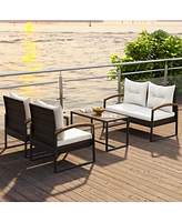 Gouun 4 Pieces Patio Conversation Set with Acacia Wood Armrests and Tabletop and Cushions