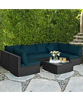 Gouun 7 Pieces Sectional Wicker Furniture Sofa Set with Tempered Glass Top-Peacock