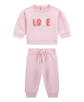 Guess Baby Girl Crewneck Top with Flower Petal Detailing and Matching Pant, 2-Piece Set