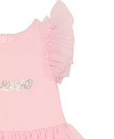 Guess Baby Girl Short Sleeve Dress with Mesh Frill Sleeves and Diaper Cover, 2-Piece Set