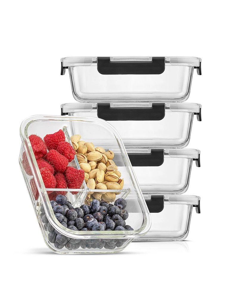 JoyJolt 3-Sectional Set of 5 Glass Food Storage Containers