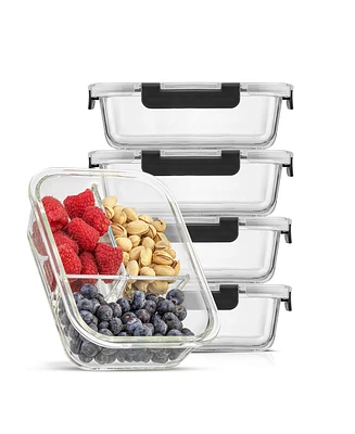 JoyJolt 3-Sectional Set of 5 Glass Food Storage Containers