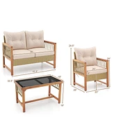 Gouun 4 Pieces Outdoor Patio Pe Wicker Conversation Bistro Set with Acacia Wood Frame