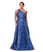 Xscape Women's One-Shoulder Metallic Jacquard Gown