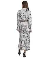 Halston Women's Printed Belted Long-Sleeve A-Line Dress