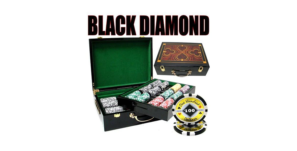 Slickblue 500-Count Black Diamond Poker Chip Set with High Gloss Wooden Case Premium Clay Composite