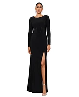 Xscape Women's Corset-Bodice Long-Sleeve Side-Slit Gown