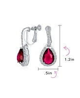 Bling Jewelry 7CT Style Halo Simulated Red Ruby Cubic Zirconia Cz Fashion Dangle Drop Teardrop Screw Back Clip On Earrings Prom Bridesmaid Wedding Rho