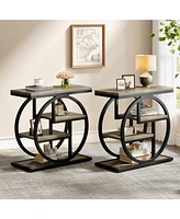 Tribesigns End Table Set of 2, 4-Tier Narrow Side Table with Storage Shelves, Wood Small Sofa Side Table with Geometric Metal Frame, Industrial Bedsid
