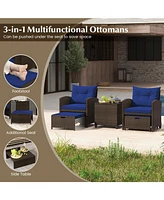 Gouun 5 Pieces Patio Rattan Furniture with 2 Ottomans and Tempered Glass Table