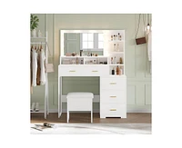 gaomon Vanity Desk with Mirror & Lights, Makeup Vanity Table with Large Drawers and 3 Level Storage & Tiers of Open Shelves