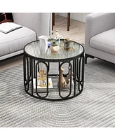 Gouun 24 Inch Round Table with Reeded Tempered Glass Top and Oval Swivel Brackets