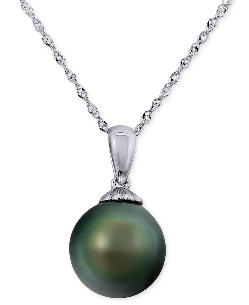 Macy's Cultured Black Peacock Tahitian Pearl (10mm) Pendant Necklace in 14k White Gold, 16" + 2" extender