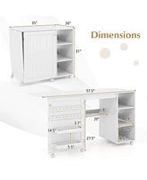 Costway Folding Sewing Table with Storage Shelves 2 Storage Bins & 18 Pegs Lockable Casters