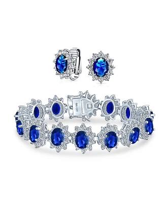 Bling Jewelry Style Fashion Oval Crown Halo Statement Bracelet Matching Clip On Earrings Set For Women Silver Plated