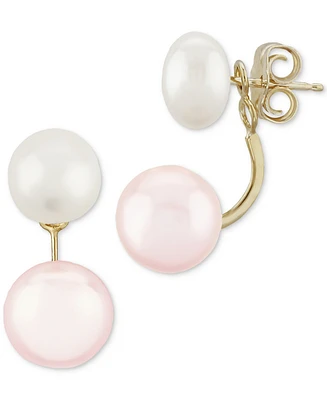 Macy's Two Tone Pearl (8.5mm) Front & Back Earrings in 14K Yellow Gold
