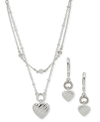 Anne Klein Silver-Tone 2-Pc. Set Textured Heart Layered Necklace & Matching Drop Earrings