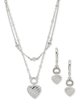 Anne Klein Silver-Tone 2-Pc. Set Textured Heart Layered Necklace & Matching Drop Earrings